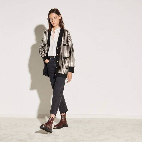 Sandro Long Houndstooth V-Neck Cardigan Sweater (authentic) Women’s Size 1-Paris - Picture 6 of 15